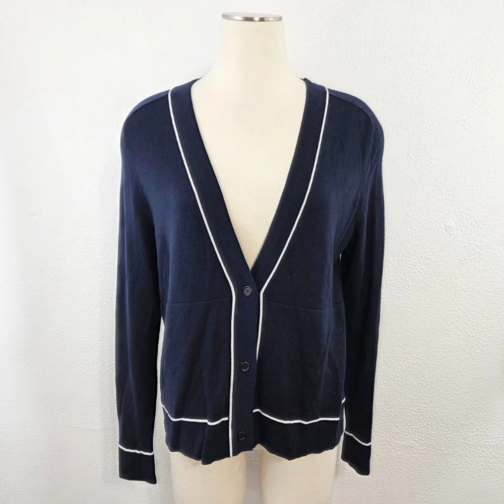 Athleta Lightweight Cardigan sweater navy blue white women's size medium
